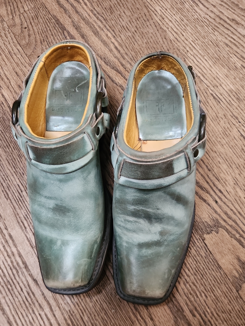 FRYE Leather Slip-On Loafers in Faded Green Distressed Look